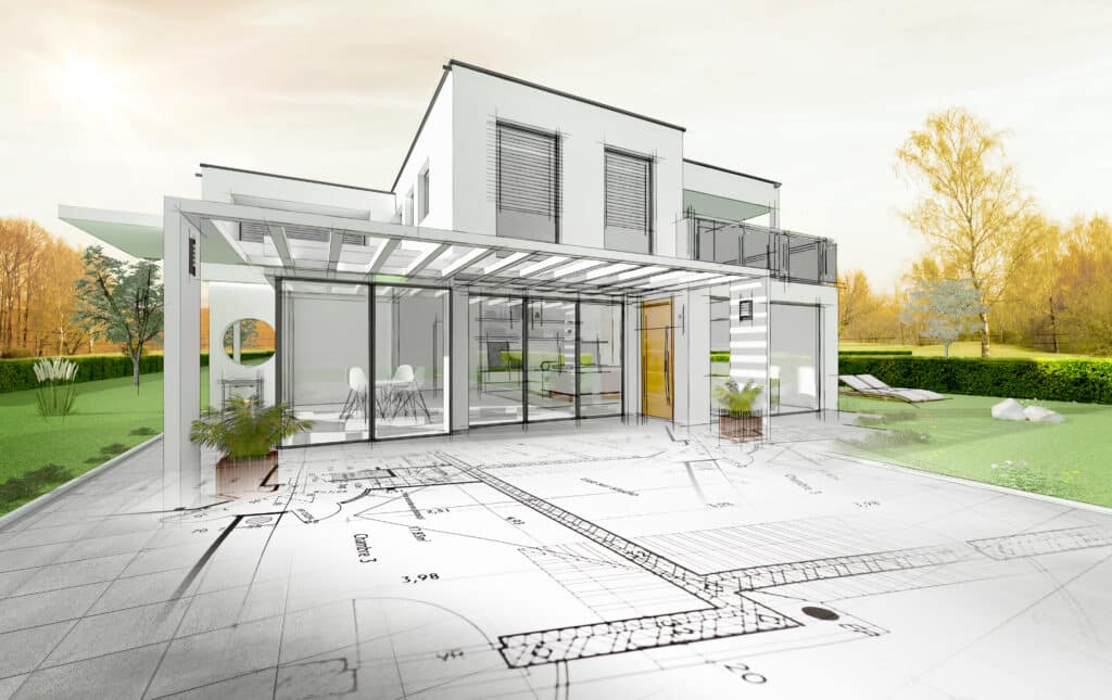 Projet maison moderne : Plan architecte et visualisation 3D Projet de maison moderne sur plan d'architecte. Vue extérieure en 3D d'une villa contemporaine blanche avec jardin, patio carrelé et esquisses.
